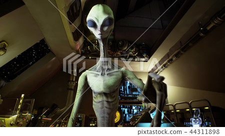 Alien presses the keys on sci-fi hologaphic screen. 3D Rendering 44311898