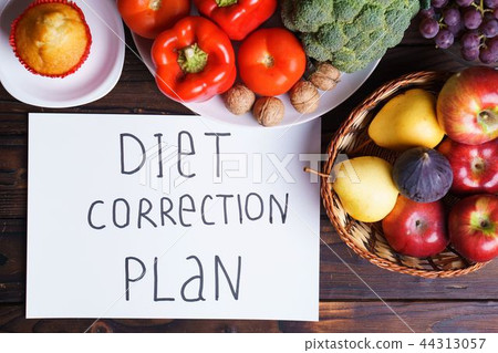Diet correction plan and plenty of food on table Diet correction plan and plenty of food on table 44313057