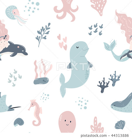 Seamless pattern baby print with cute dolphins 44313886