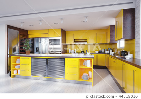modern yellow color kitchen interior. modern yellow color kitchen interior. 44319010
