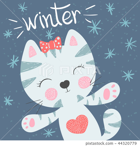 Cute, funny cat. Winter illustration.  44320779