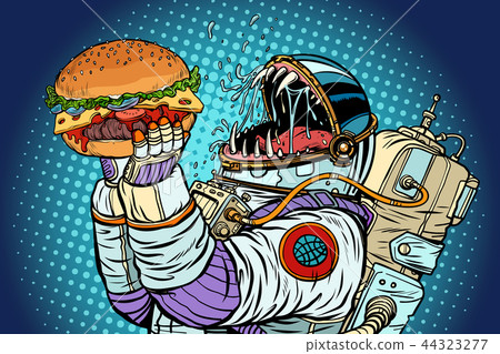 Astronaut monster eats burger. Greed and hunger of mankind conce 44323277