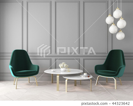Modern classic interior with armchairs, lamp, table, wall panels and wooden floor. 44323642