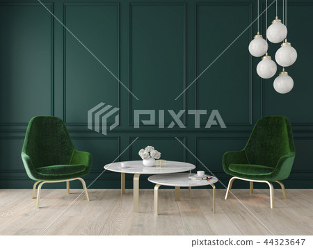 Modern classic interior with armchairs, lamp, table, wall panels and wooden floor. Modern classic interior with armchairs, lamp, table, wall panels and wooden floor. 44323647