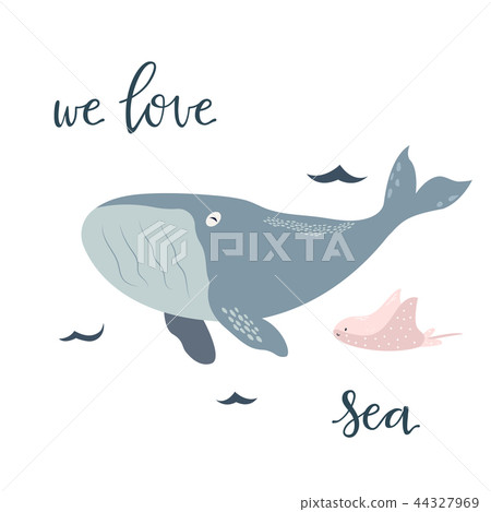 Baby print with blue whale. Hand drawn graphic 44327969
