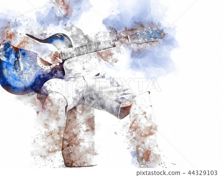 Guitar in the foreground on Watercolor painting 44329103