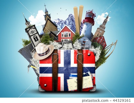 Norway, retro suitcase with hat and Norwegian  44329161