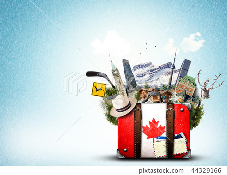 Canada, retro suitcase with hat and canadian Canada, retro suitcase with hat and canadian 44329166