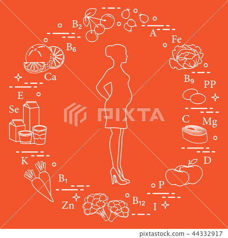 Pregnant woman and foods rich in vitamins 44332917