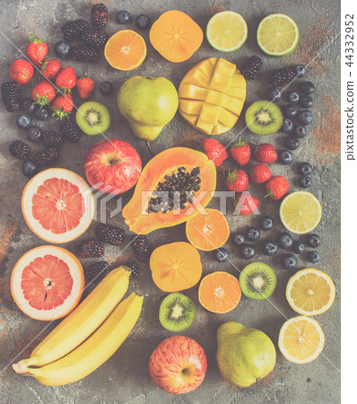Rainbow fruits top view on grey Rainbow fruits top view on grey 44332952