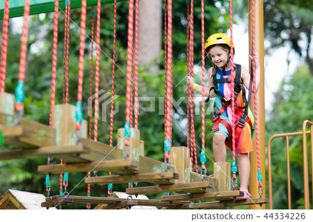 Child in adventure park. Kids climbing rope trail. 44334226