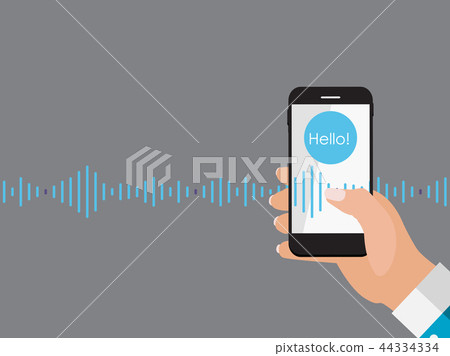 Hand with mobile phone with microphone button and intelligent technologies in flat style. Persona Hand with mobile phone with microphone button and intelligent technologies in flat style. Persona 44334334