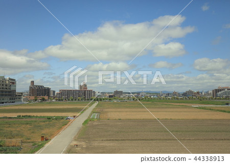 a View through tram window of the country side 44338913