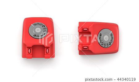 3d rendering of two red retro rotary phones without receivers in a top view. 44340119
