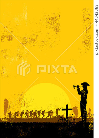 Silhouette of soldier paying respect at the grave 44342365