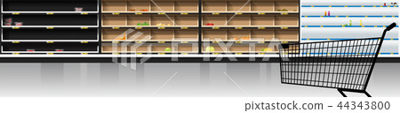 Interior scene of supermarket with empty shelves Interior scene of supermarket with empty shelves 44343800