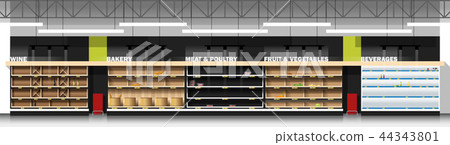 Interior scene of supermarket with empty shelves 44343801