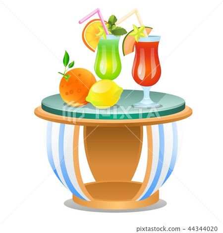 Small table with set of fresh fruit drinks isolated on white background. Vector cartoon close-up 44344020