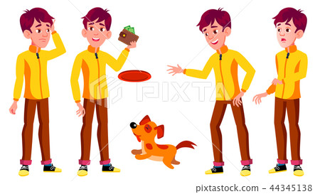 Teen Boy Poses Set Vector. Pet, Dog. Friends, Life. For Presentation, Invitation, Card Design Teen Boy Poses Set Vector. Pet, Dog. Friends, Life. For Presentation, Invitation, Card Design 44345138