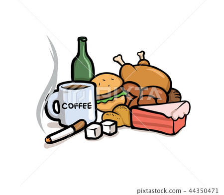 Bad habits. Caffeine, sugar, smoking, and junk food. Flat vector illustration. Isolated on white Bad habits. Caffeine, sugar, smoking, and junk food. Flat vector illustration. Isolated on white 44350471