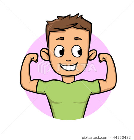 Boy flaunting his muscles. Fitness flat design icon. Flat vector illustration. Isolated on white 44350482