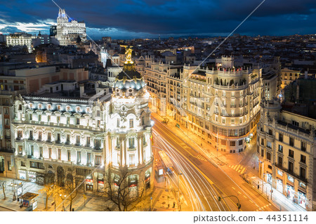 Traffic lights on Gran via street in madrid 44351114