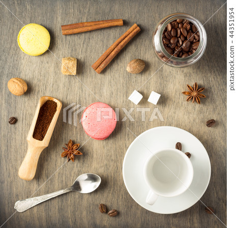 cup of coffee and beans on wooden background 44351954