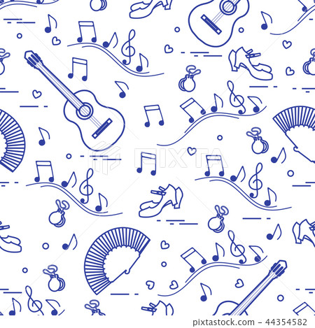 Pattern with fan, shoes, castanets, notes, guitars Pattern with fan, shoes, castanets, notes, guitars 44354582