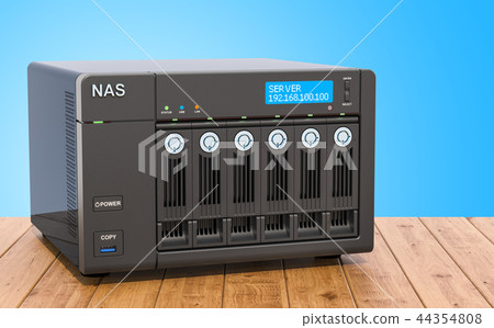 NAS with 6 disks on the wooden table, 3D rendering 44354808