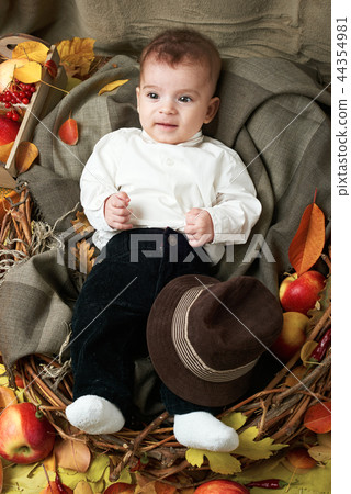 autumn concept - child boy lie on yellow leaves autumn concept - child boy lie on yellow leaves 44354981