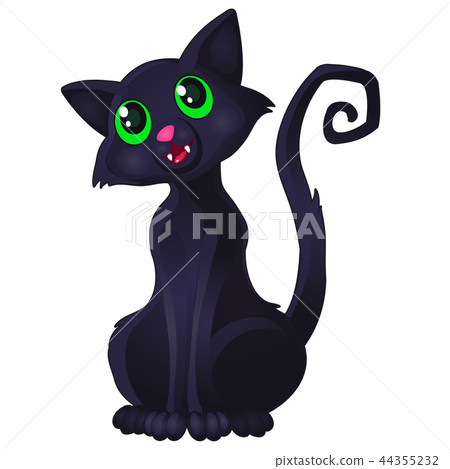 Funny sly black cat with green eyes and curved spiral tail shows tooth isolated on white background 44355232