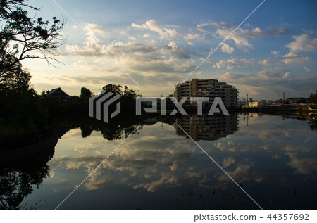 Early morning scenery of Osaka Toyonaka City and Wakatake Pond Early morning scenery of Osaka Toyonaka City and Wakatake Pond 44357692