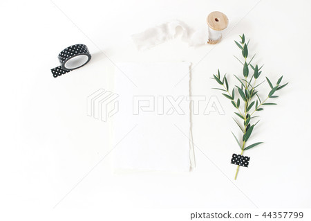 Feminine stationery, wedding desktop mock-up scene. Blank greeting card, envelope,black washi tape 44357799