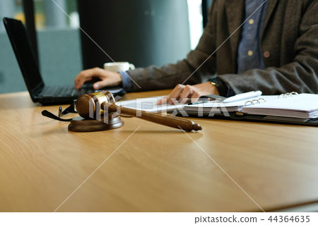 judge work with document computer. legal law gavel at courtroom. lawyer attorney justice at court 44364635