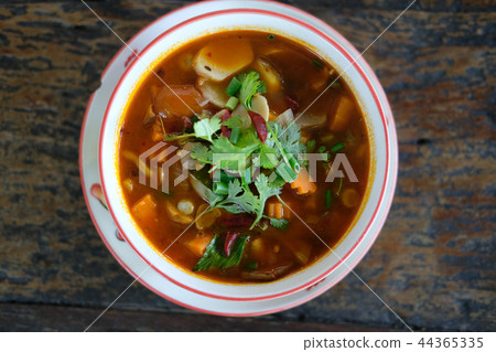 spicy mushroom soup. vegetarian food in restaurant 44365335