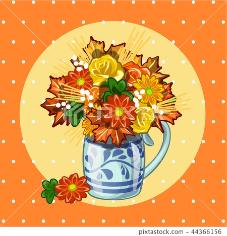 Sample design of placard with cute bouquet of dried flowers on polka dot background. Sketch of Sample design of placard with cute bouquet of dried flowers on polka dot background. Sketch of 44366156