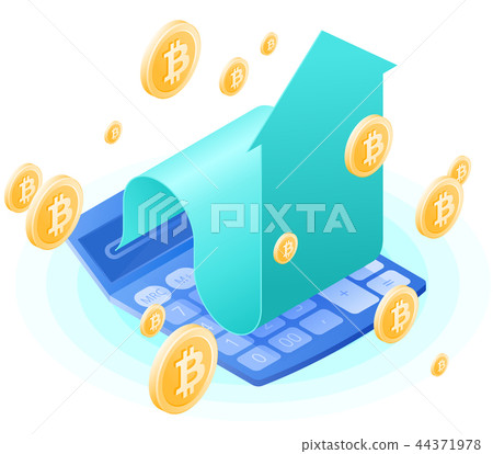 The calculator, increasing arrow, bitcoins rain. 44371978