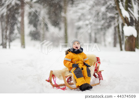 Little boy enjoying a sleigh ride Little boy enjoying a sleigh ride 44374509