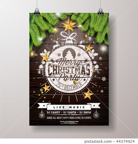 Christmas Party Flyer Illustration with Gold Star and Typography Lettering onVintage Wood Background 44374924