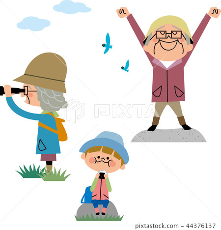 Mountain climbing of grandparents and grandchildren 44376137