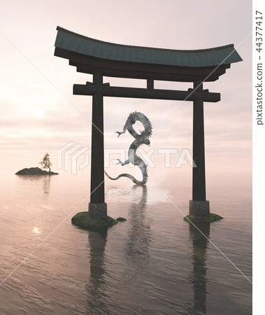 Oriental Dragon in the Sea Mist Behind a Shrine Ga 44377417