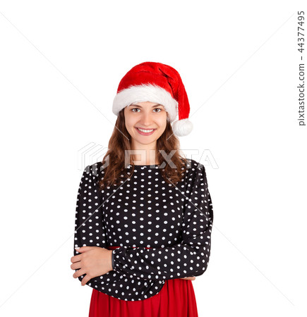 emotional girl in santa claus christmas hat isolat 44377495