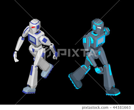 Robot character walking. Isolated on black 44381663