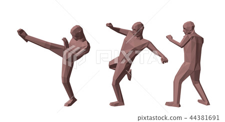 Low poly man makes high kick. Isolated on white Low poly man makes high kick. Isolated on white 44381691