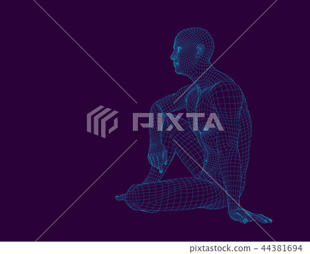 Man sitting on the ground. Wireframe human body. Man sitting on the ground. Wireframe human body. 44381694
