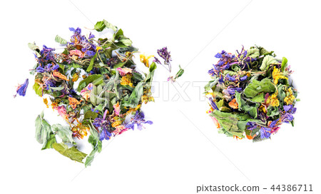 Mix of dry healthy herbs isolated on white 44386711