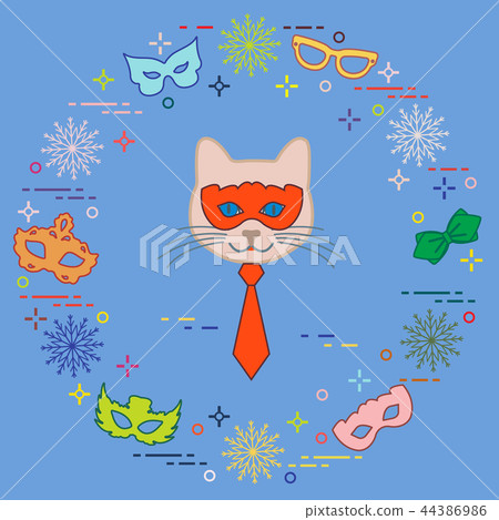Muzzle of cat and carnival masks, snowflakes, 44386986