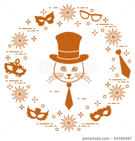 Muzzle of a cat in a cylinder hat and carnival Muzzle of a cat in a cylinder hat and carnival 44386987