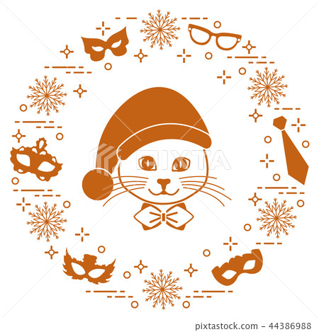 Muzzle of a cat in a Christmas hat and carnival 44386988