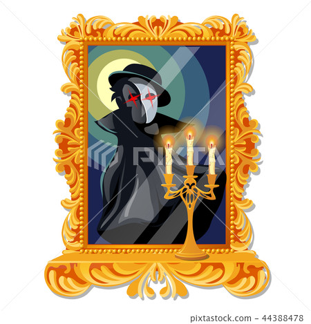 Vintage picture in ornate golden frame and gold candle holder with burning candles isolated on white 44388478